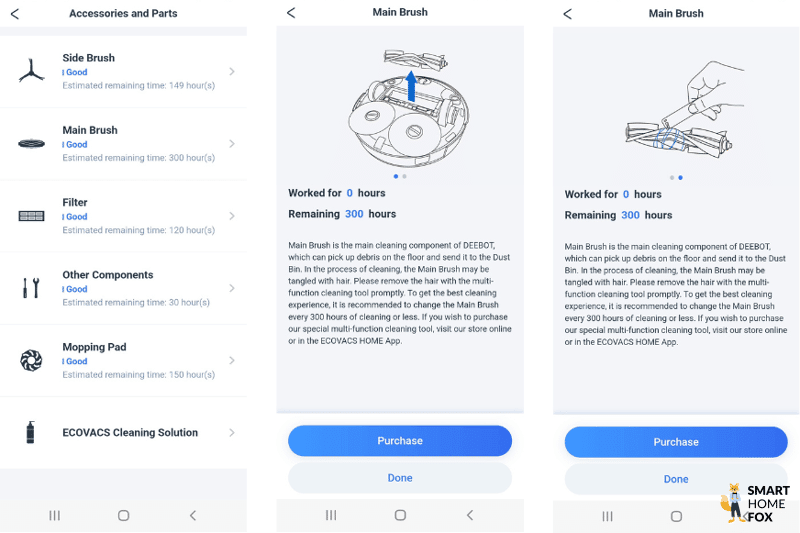 Wartungshinweise der einzelnen Ersatzteile werden in der Ecovacs Deebot X1 Turbo App angezeigt